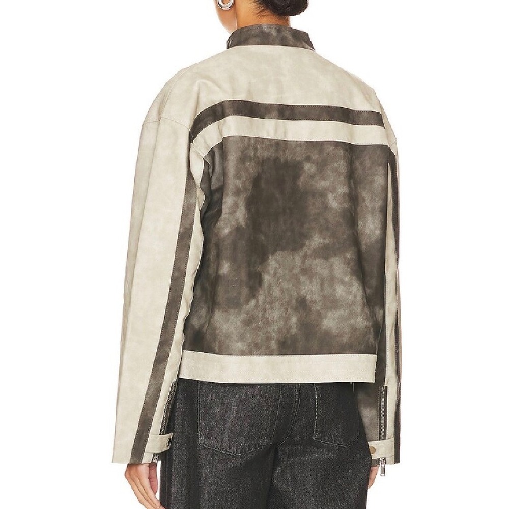 Superdown Womens Moto Jacket Grey Cream Distressed Faux Leather Racer Size M - Picture 3 of 14